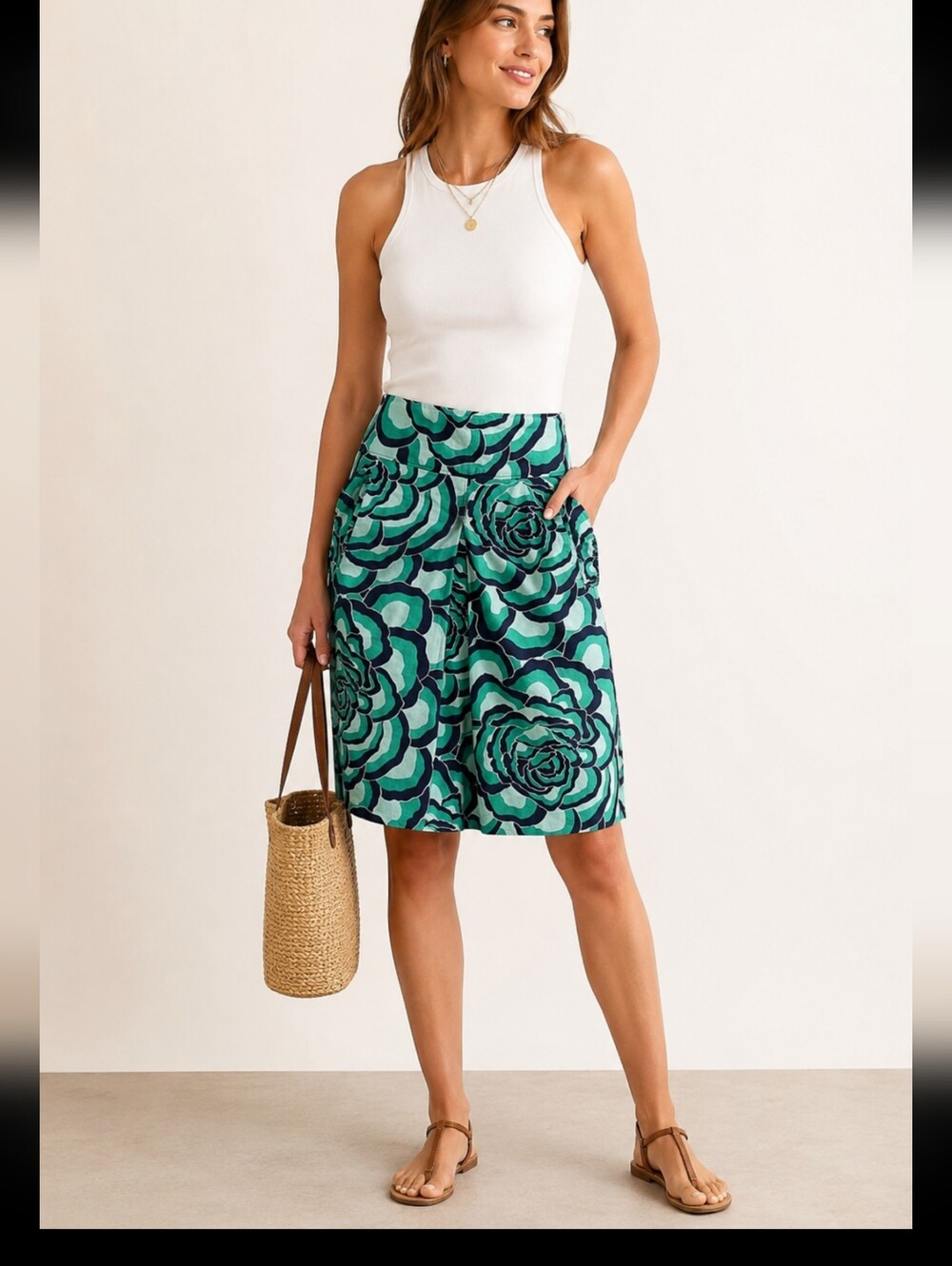 Ann Taylor Green blue Floral Lined Pleat W/pockets Skirt Size 4 EUC